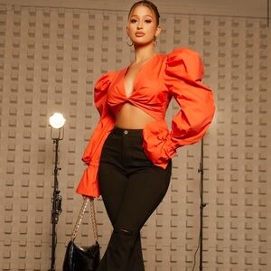 Women's Orange Puff Sleeve Top